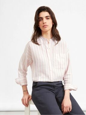 Everlane The Linen Oversized Collarless Striped Button Down Shirt Top Size 00